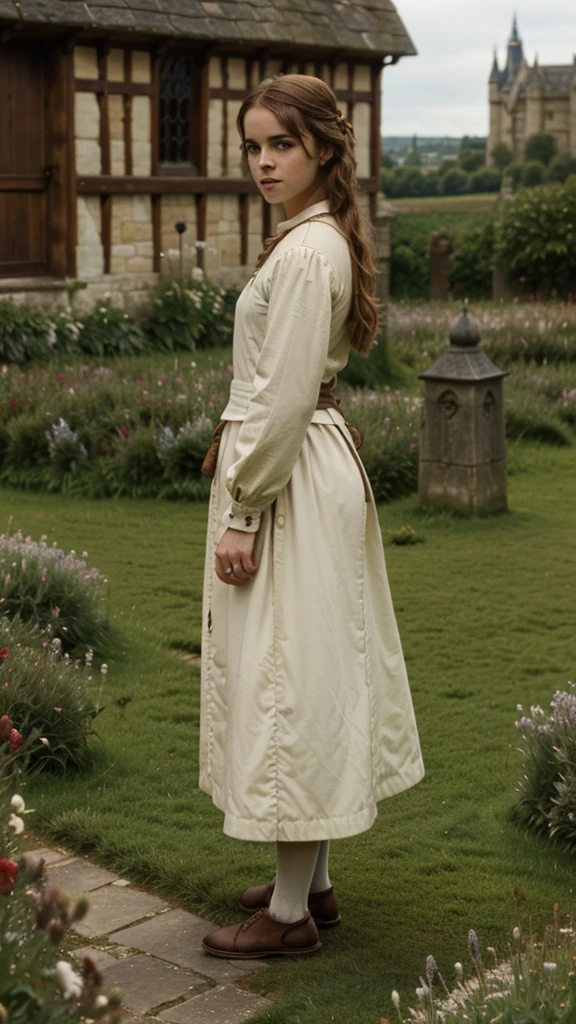 England, 873. Emma Watson ((((3)) Uhtred)), english girl, next to a castle, ((((clothings from the 870s)))), ((brown hairstyle of the 870s)), ((colorful, Monet))
