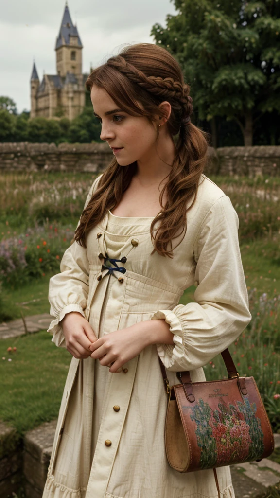England, 873. Emma Watson ((((3)) Uhtred)), english girl, next to a castle, ((((clothings from the 870s)))), ((brown hairstyle of the 870s)), ((colorful, Monet))