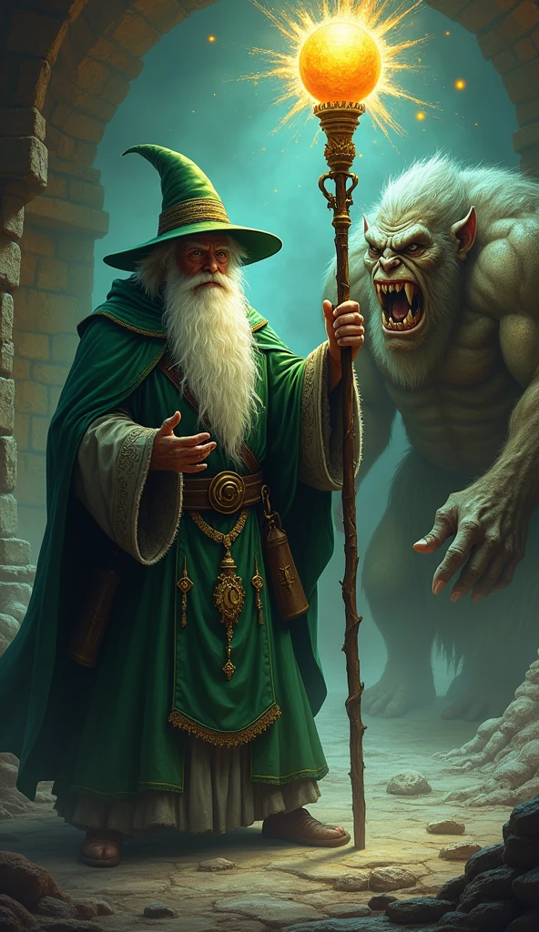 Old male wizard, whole body, Long white beard, Green robe and cloak with green conical hat, He is holding a large staff with an orange ball on the end., Attacking a troll with magic, Dungeons