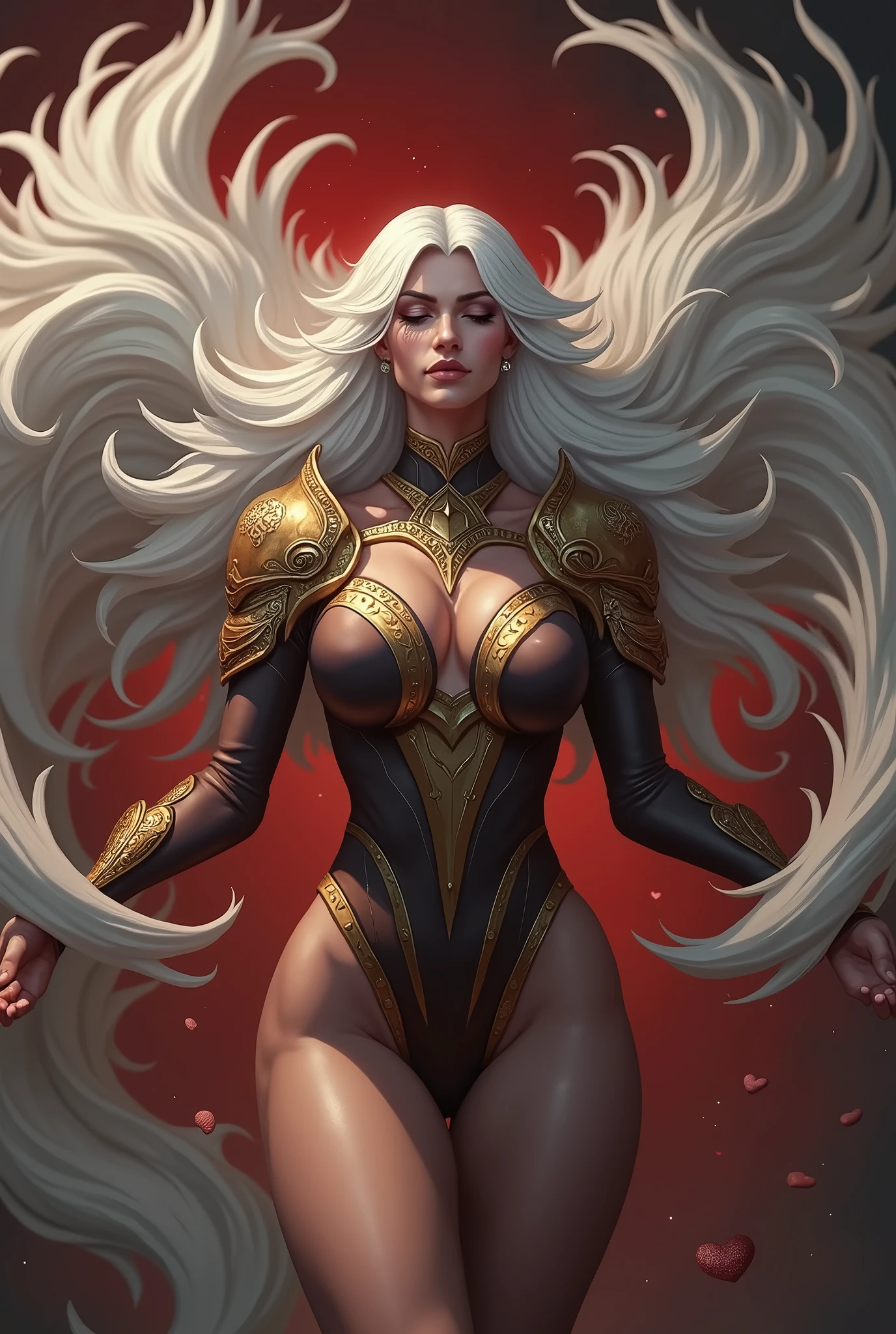 (masterpiece, high quality:1.7), extremely detailed, ambient,
SallyWhitemane, 1girl, mature female, FeelsGood, closed eyes,
determined,
white hair, long hair, closed eyes, jewelry, (eyeshadow:1.3),
hat, shoulder armor, (two-tone leotard:1.2), gold trim,
red background,
