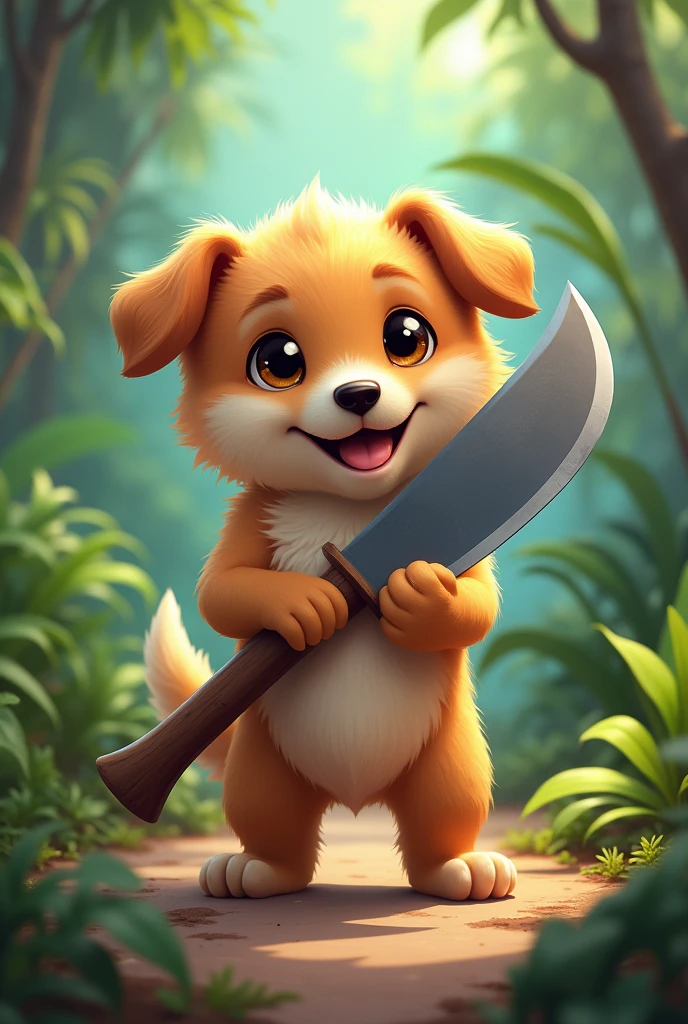 A cute dog holding a big machete