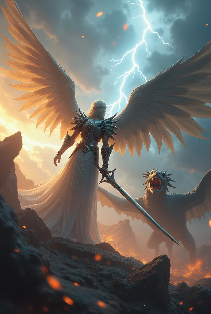 Scene of a warrior angel with large wings, with the sword fighting a dragon.