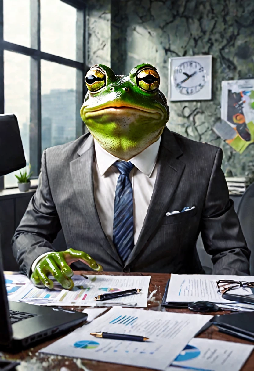 A frog in a business suit is an angry boss dressing down viewer who is working at his desk, the office walls are melting and distorting a little bit, surreal scene
