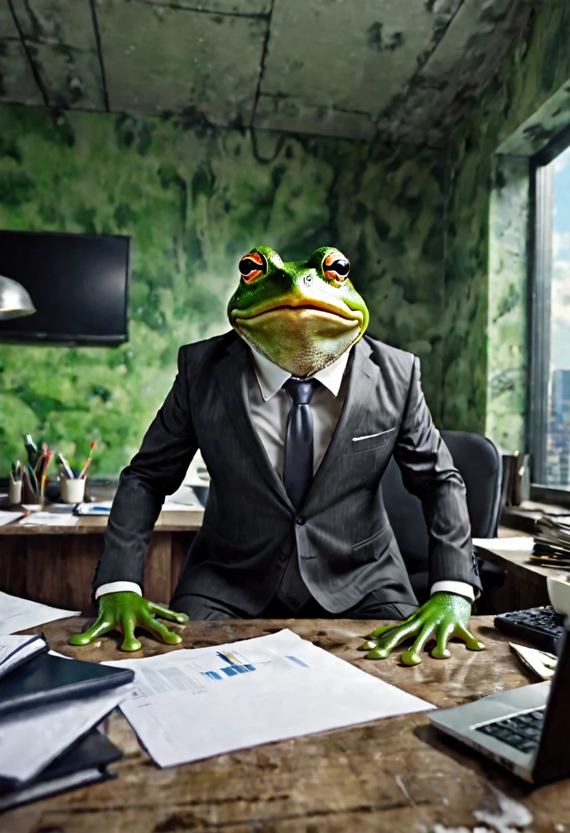 A frog in a business suit is an angry boss dressing down viewer who is working at his desk, the office walls are melting and distorting a little bit, surreal scene