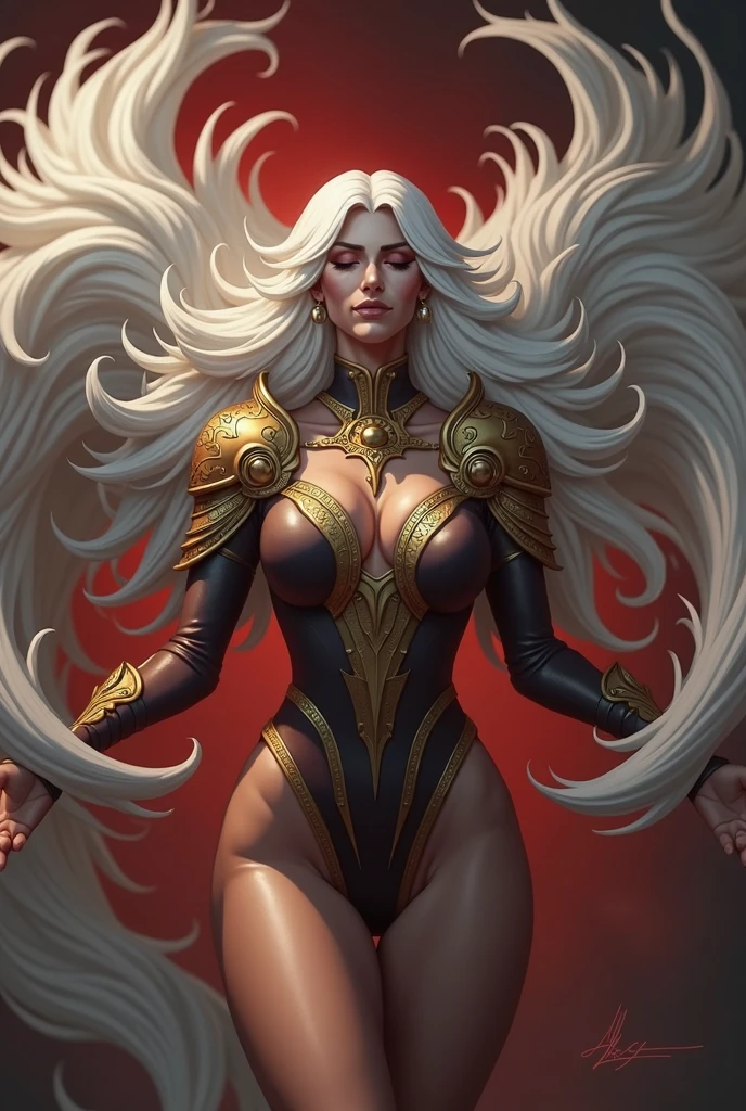 (masterpiece, high quality:1.7), extremely detailed, ambient,
SallyWhitemane, 1girl, mature female, FeelsGood, closed eyes,
determined,
white hair, long hair, closed eyes, jewelry, (eyeshadow:1.3),
hat, shoulder armor, (two-tone leotard:1.2), gold trim,
red background,