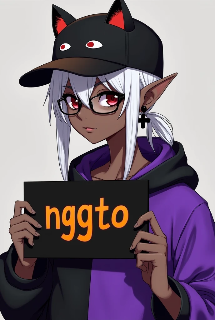 young man, Black skin tone, dark red eyes, elf ear small size, black earring in the shape of a cross but with two ears, wears prescription glasses, White hair, hair tied with ponytail, 2 strands of hair in the front, wears a black cap with a cat face, wears a closed hood with two different colors, black on one side and purple on the other, com um nome laranja Written: NGGTO. Holding a sign with a side cut that divides the colors black and purple, Written: NGGTO Classic