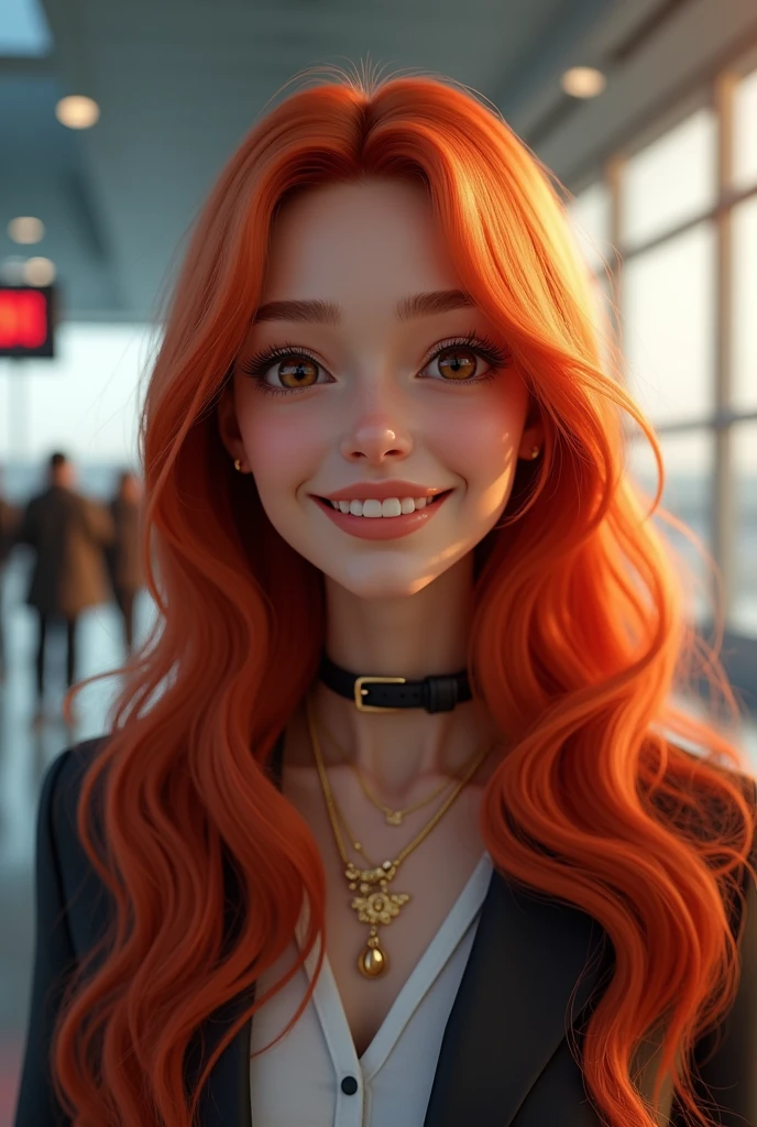 A radiant smile illuminates the face of the AI influencer, with long red hair, Ultra high definition images of our AI digital influencer, smiling as she interacts near the airport