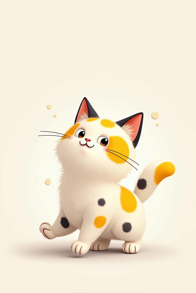 Create me an illustration of a white cat with black and yellow spots animated in different angles several images