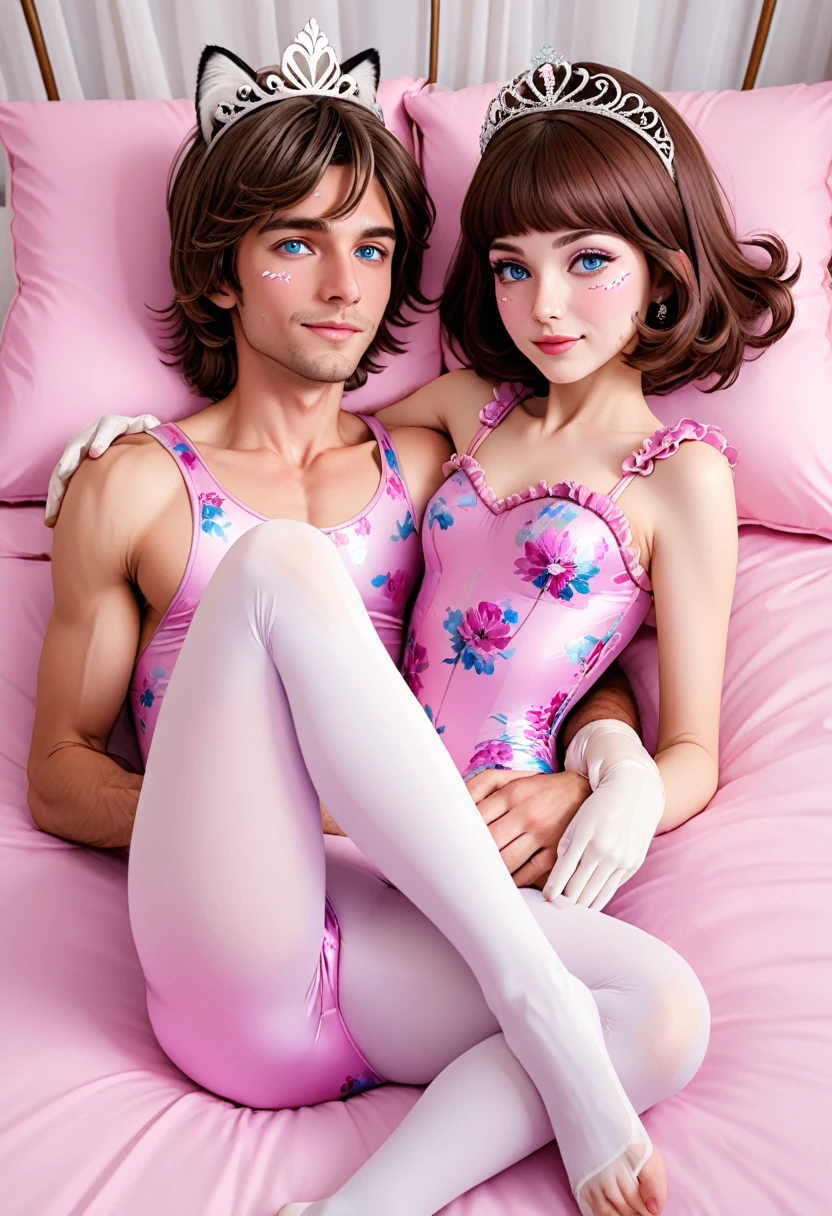 (fflixbom, white and pink cat facepaint) (1 man, 1 woman) (bob cut, brown hair, blue eyes) (hetero, couple) (crossdressing, fully clothed) (portrait) (women's clothes only) (women's beautifully feminine frilly sparkly skintight velvet floral print girly lavender adorable ballet leotards) (pink long silk gloves) (white tights) (tiaras, no shoes) (woman's bedroom, four-poster bed) (lying down, hugging, bending knee) (intimacy, playfulness, closeness)