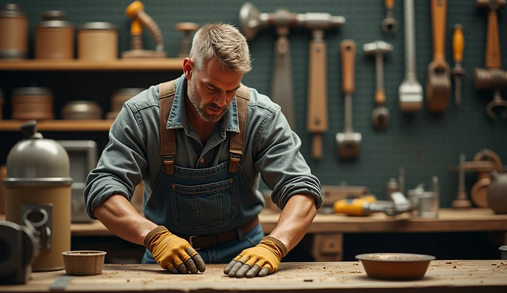 a man is tidying up the workshop