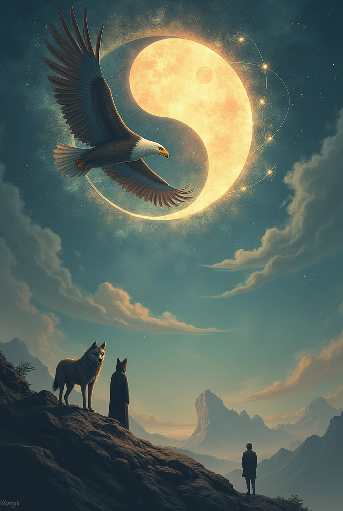 Create a Ying Yam sun and moon with an eagle in the background and a lone wolf 