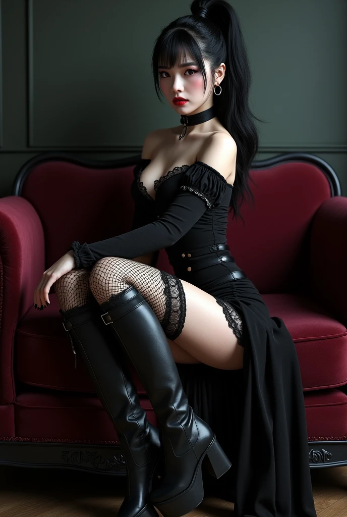 Erotic goth asian woman with fishnets short skirt and boots sitting on the sofa