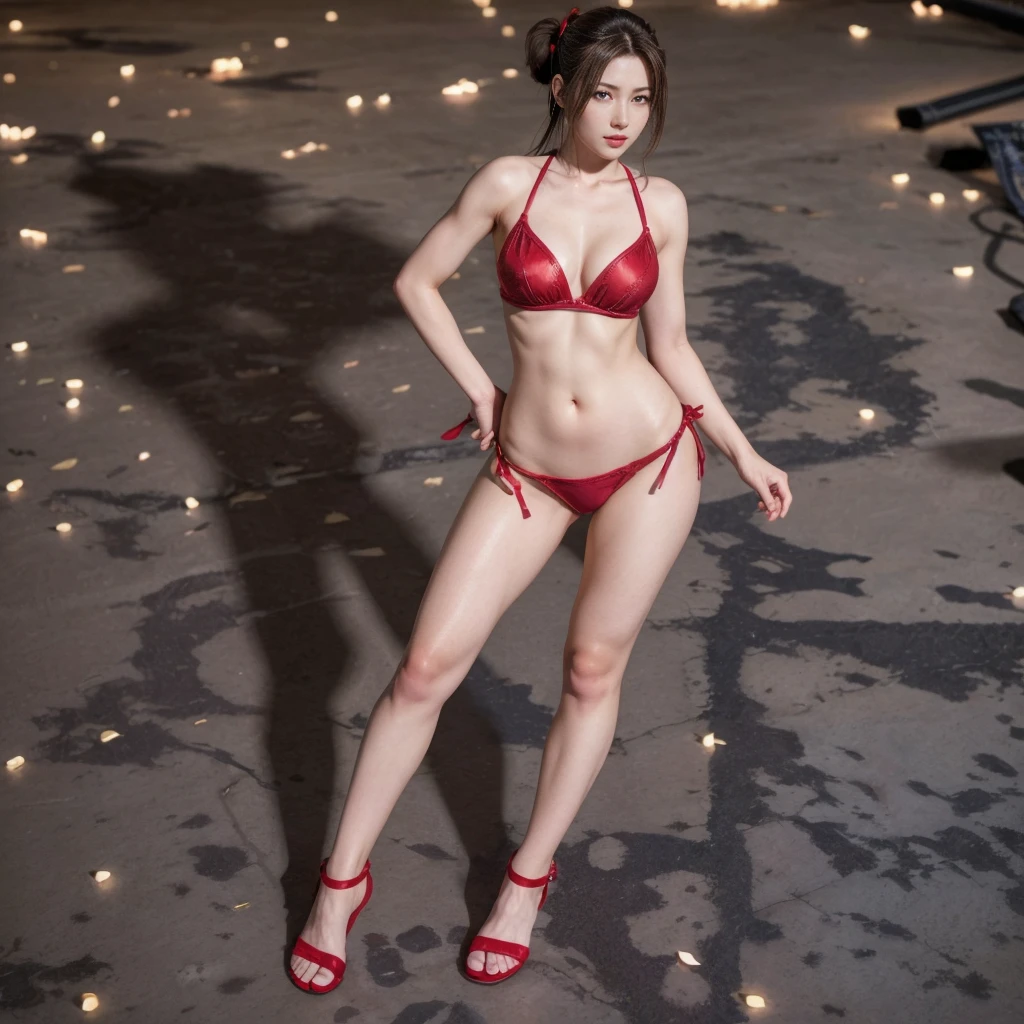 Mai Shiranui, (best qualityer,ultra details),(realisitic:1.37), beautiful and detailed face, ultra-realisitic texture, Exquisite face, athletic body, bright coloured. High definition, 8k, wearing red lipstick, rosy cheeks.