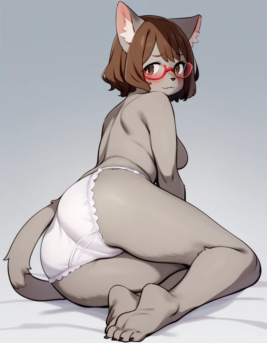 Solo, anthro, feline, domestic cat, grey fur, grey body, brown hair, short hair, brown eyes, red glasses, topless, by bebebebebe, by pgm300, by buta99, by suurin 2, by sindoll, by kishibe, full body, cute panties, white panties, frilly panties, thicc, thighs, embarrassed, blushing, medium breasts, shy, horny, butt, ass