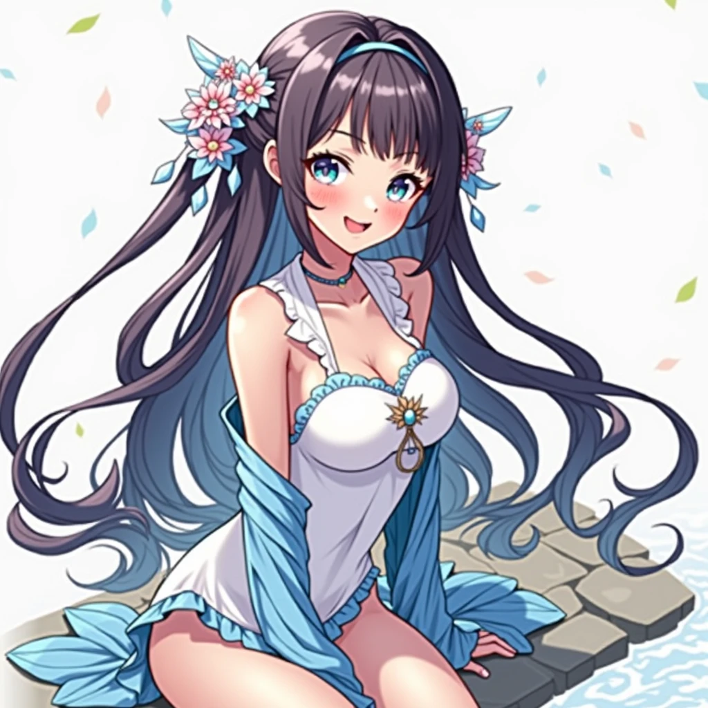 1 girl(masterpiece,top quality,best quality,official art,Beauty and aesthetics:1.2),long hair,enchanted,enchanting,Flushed complexion, playful expression while Blushing, super gigantic breasts,Breasts larger than the head, cleavage,Sitting on the stone steps by the water of a hot spring, thigh exposed.