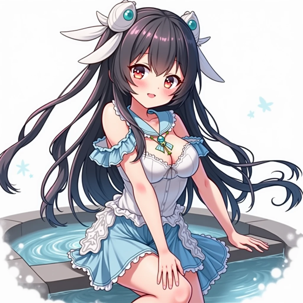 1 girl（masterpiece，top quality，best quality，official art，Beauty and aesthetics：1.2），long hair，enchanted，enchanting，Flushed complexion， playful expression while Blushing, super gigantic breasts，Breasts larger than the head, cleavage，Sitting on the stone steps by the water of a hot spring, thigh exposed.