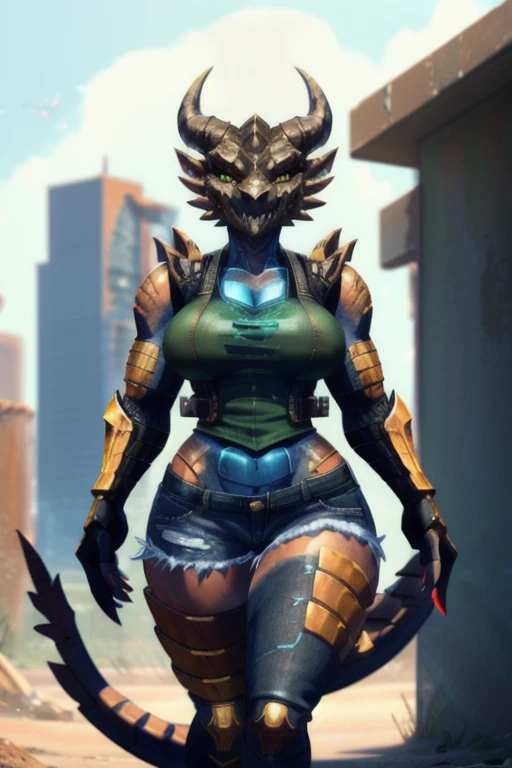 ((4k)), (best body), (sexy women), Solo, score_9,score_8_up,score_7_up, kemono style, Anthro deathclaw from fallout, Anthro reptile girl, snout, green scaled skin, gold eyes, black lips, black horns, black ram horns, athletic body, smiling, walking in a ruined city, holding a rusty gun, wearing bodyarmor, bulletproof vest, blue jean shorts and a blue tank top, sfw, intimidating woman, monstergirl, sleek female dragon head, as an anthropomorphic dragon, commission for high res, female dragonborn, well designed female dragon head, anthro lizard, female fursona,  female dragon head