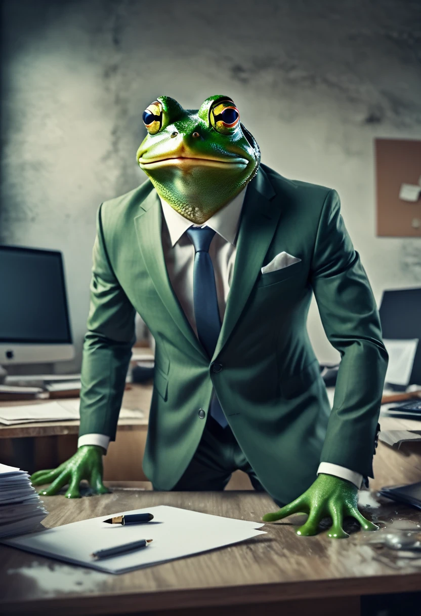 A frog in a business suit is an angry boss dressing down viewer who is working at his desk, the office walls are melting and distorting a little bit, surreal scene