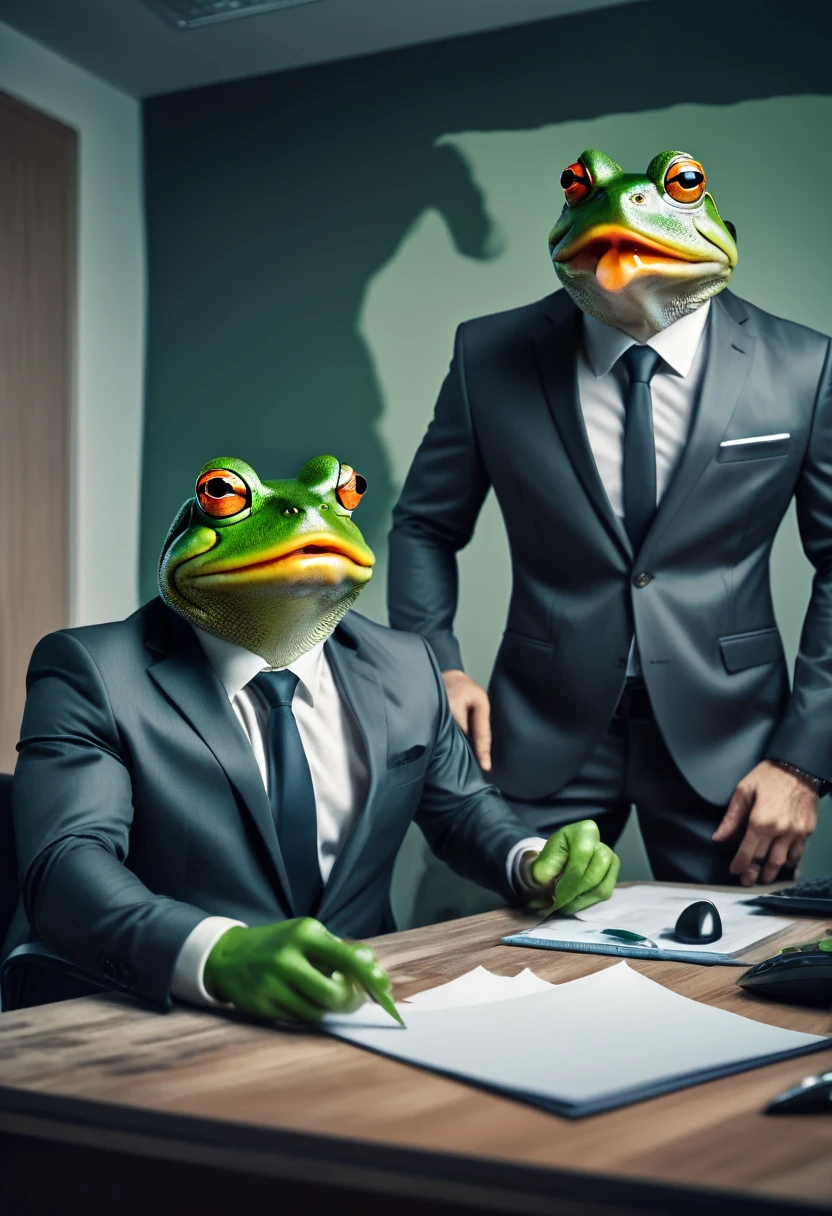 A frog in a business suit is an angry boss dressing down viewer who is working at his desk, the office walls are melting and distorting a little bit, surreal scene
