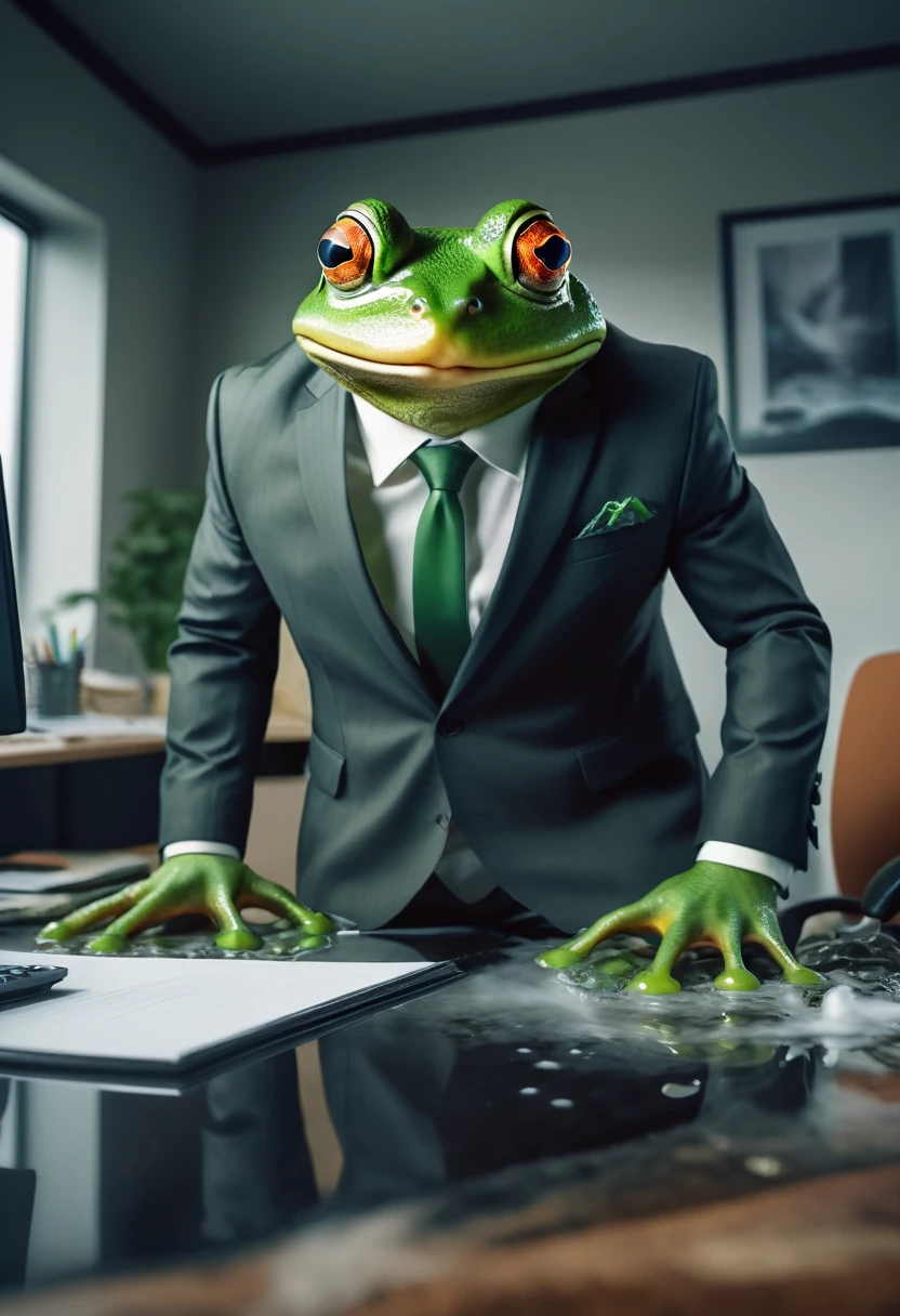 A frog in a business suit is an angry boss dressing down viewer who is working at his desk, the office walls are melting and distorting a little bit, surreal scene
