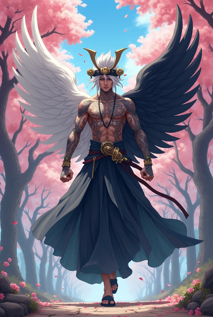 A samurai with several tattoos on his body. He wears a Samurai hat with several amulets tied to his hat. He is holding the Monkey King's staff. He is flying and one of his wings is white and the other is black. His hair is huge. Half of it is white and the other half is black. He wears Chinese wooden sandals. He is guarding the entrance to this place. In addition to giving entrance, it is full of cherry trees and their petals are flying. The image has to be in anime.
