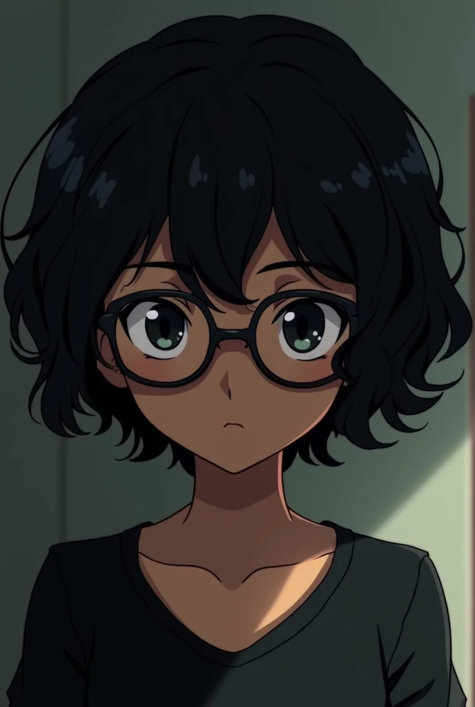 Boku no Hero Academia, dark skinned girl,short black wavy hair, slanted, black eyes and wearing glasses