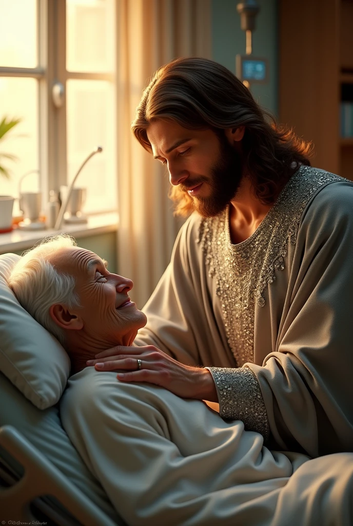 (photorealism:1.2), handsome Jesus Christ holding the hand of an old patient, sitting on bed beside of old patient that laying in bed in the hospital with many apparatus attach, wearing a gray color of king clothes with light in his heart and head sparkling all over, many diamonds, nice hair, indoors, soft lighting, hospital bed  in the background, window with sunlight, cozy room, relaxed pose, realistic, intricate details, warm colors,