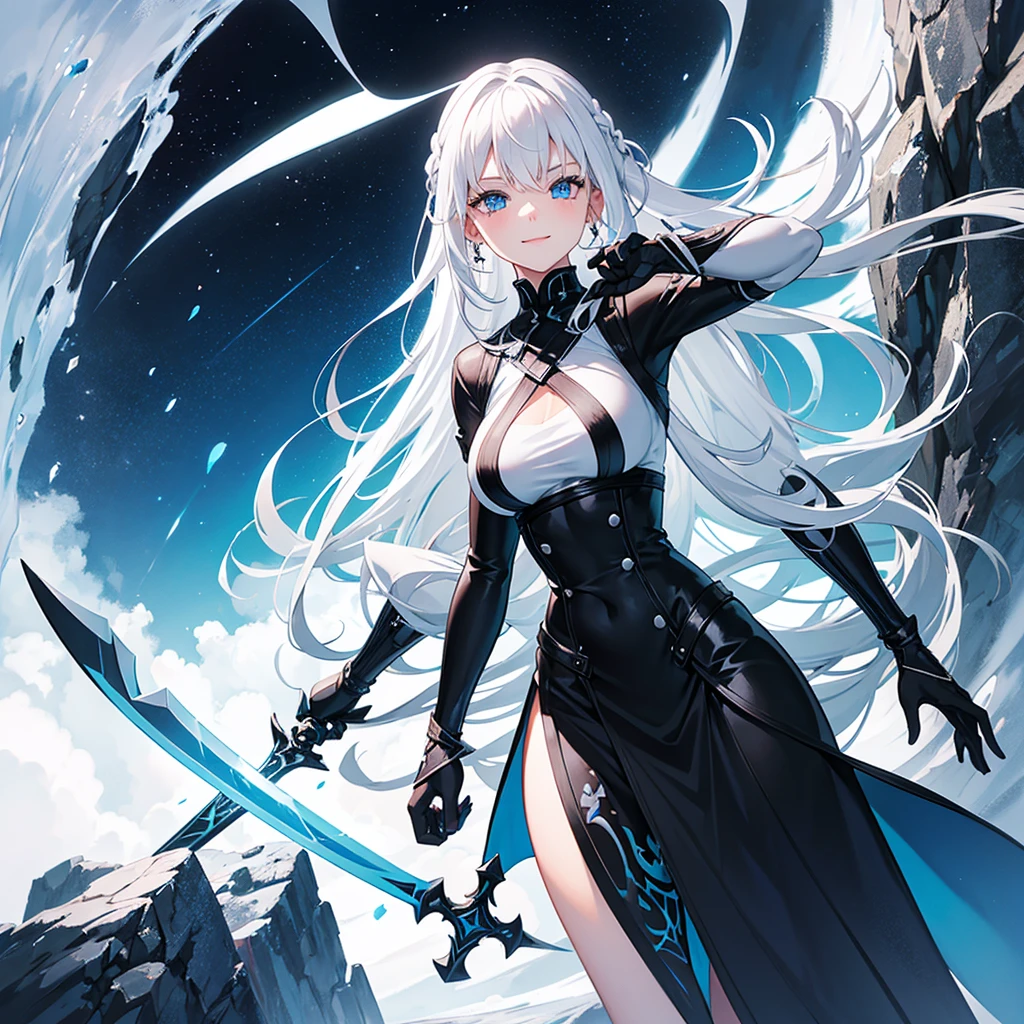 A beautiful adventurous girl with white hair and blue eyes, She is smiling, with a black outfit with blue details and a sword on his back, Fantasy world