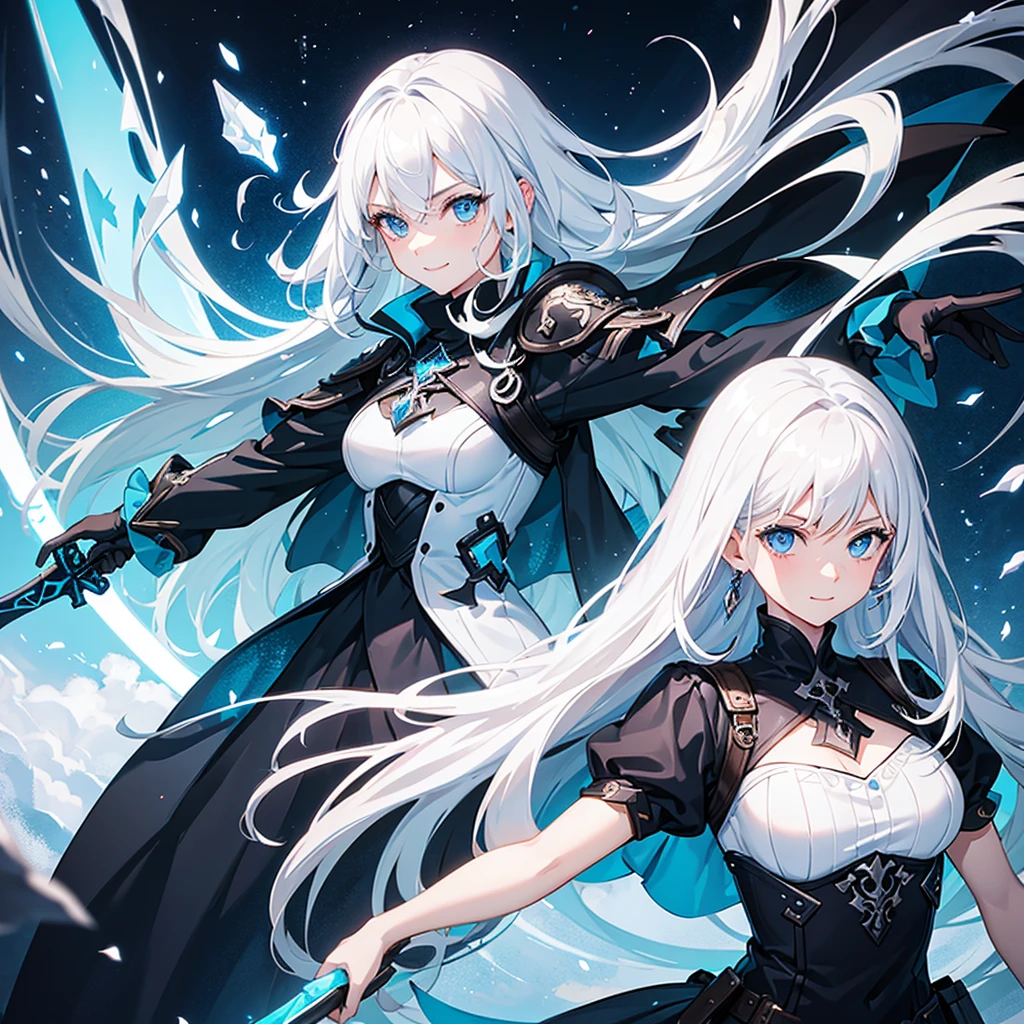 A beautiful adventurous girl with white hair and blue eyes, She is smiling, with a black outfit with blue details and a sword on his back, Fantasy world