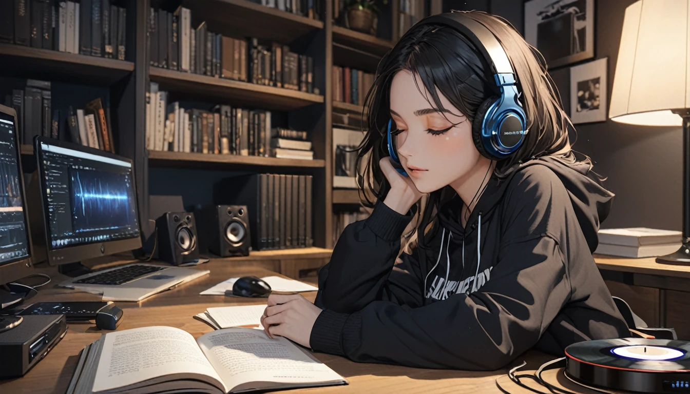 (masterpiece, Super Detail, Attention to detail, Highest quality, 8k, Album artwork,Close-up ,woman,Eyes closed,night,room,With the hood of a black sweatshirt pulled up,Listening to music with headphones on. Books and a computer on a desk.