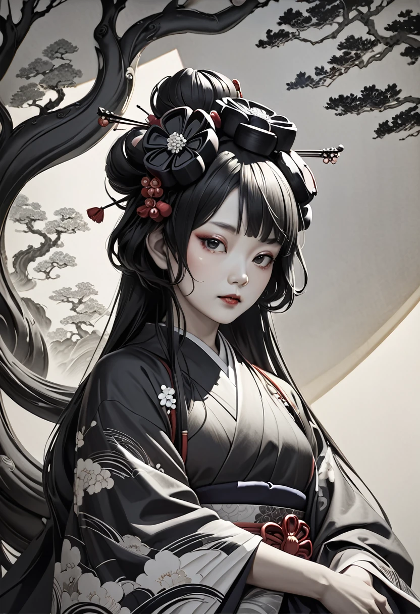 Katsushika Hokusai-style portrait of Baekje Avalokiteśvara statue, monochrome digital painting on washi paper, muted color palette, dramatic shadows, serene expression of Avalokiteśvara, (best quality,4K,8k,highres,masterpiece:1.2),ultra-detailed,(realistic,photorealistic,photo-realistic:1.37),extremely detailed face and eyes,delicate brushstrokes,chiaroscuro lighting,traditional Japanese art,spiritual,contemplative