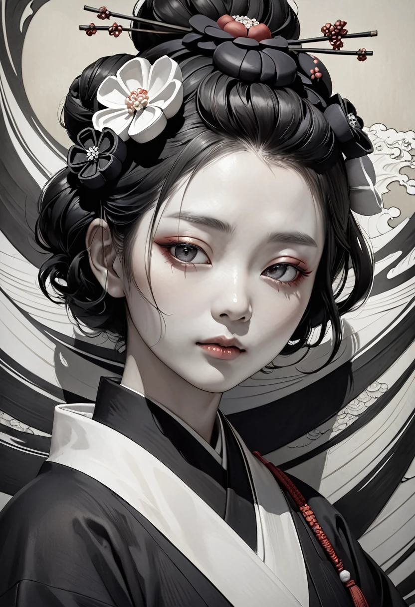 Katsushika Hokusai-style portrait of Baekje Avalokiteśvara statue, monochrome digital painting on washi paper, muted color palette, dramatic shadows, serene expression of Avalokiteśvara, (best quality,4K,8k,highres,masterpiece:1.2),ultra-detailed,(realistic,photorealistic,photo-realistic:1.37),extremely detailed face and eyes,delicate brushstrokes,chiaroscuro lighting,traditional Japanese art,spiritual,contemplative