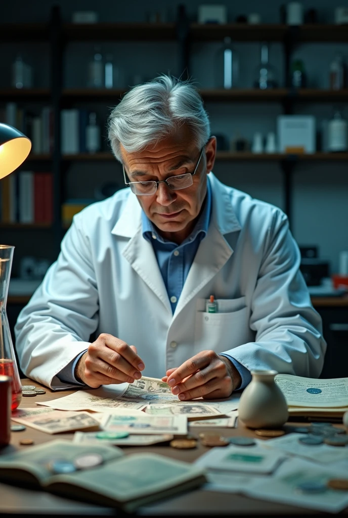 A man doing experiments with money