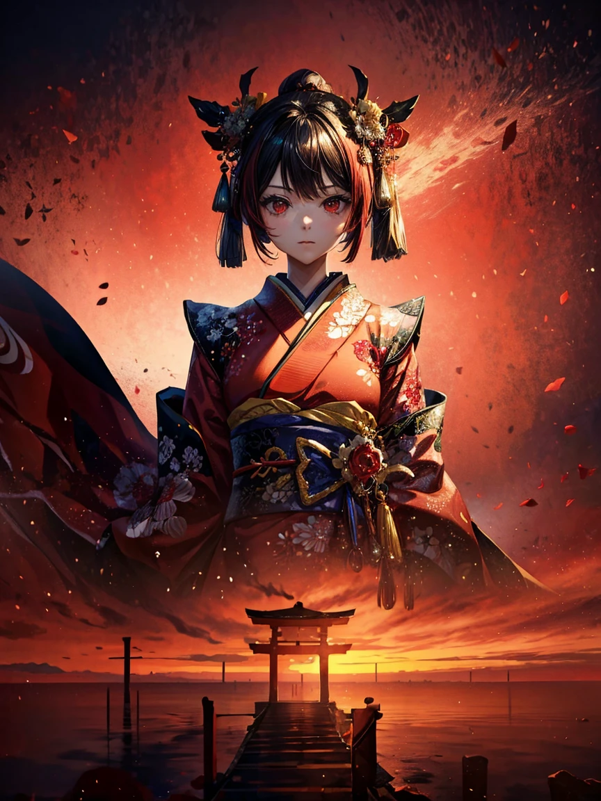 A world in crimson red, a girl dressed as a red geisha, very beautiful kimono, large scale murals, Multilayer dimensions, Red Sky, red japanese architecture, red gradient, anime wallpaper lovely red lantern girl, Ultra detailed face, kawaii, in the style of scenic environments, japanese style landscapes, dark red and bright red, Dark burgundy and light crimson, digital art techniques --ar 5 7 --niji 5 --beautiful style,