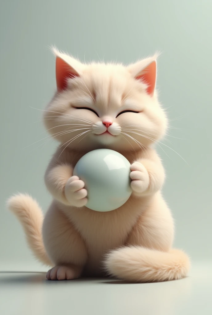 A furry cat holding a ball，Solid color background