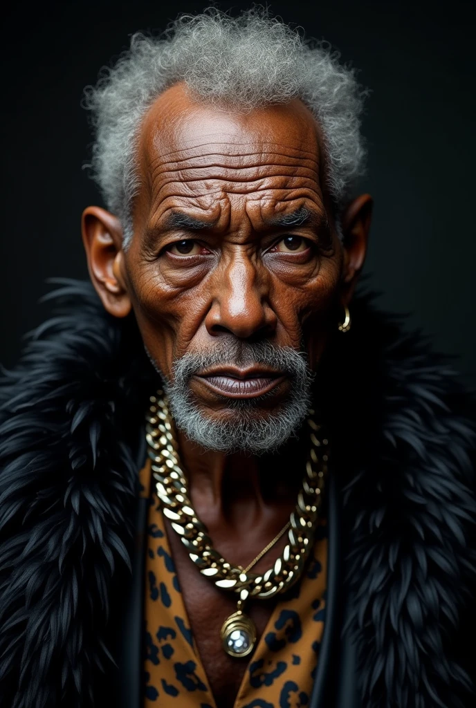 black old man with detail of wringkles on his face, wearing black feather coat and animal print shirt underneath coat and big chain necklace, piercing on hi eyebrows and lips, wearing small diamond earing, he got nice brown eyes, very thick lips, swollen and sulky, black void background, particles and nice lighting, UHD, HDR, 8k, Masterpiece, realistic, hyper realistic.