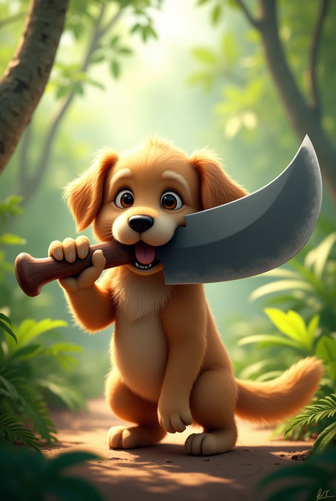 A dog holding a big, huge, cute machete 
