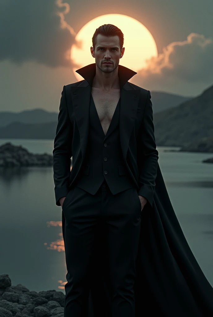A handsome man with a perfect slim face wearing a long black Dracula suit without a shirt, a cloudy sunset sky, a sun hiding behind a water trail that matches the sun