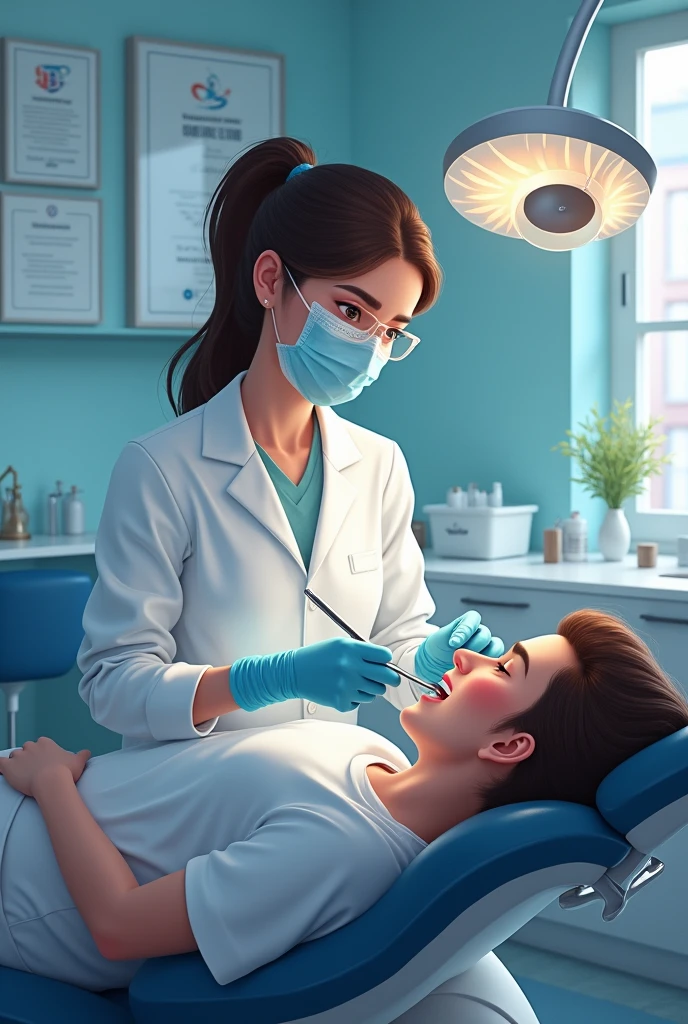 Create a dentist with all her equipment and a patient with nitrile gloves