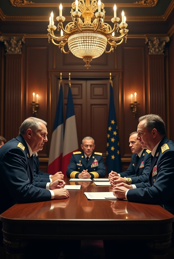 a highly detailed photo of French generals and commanders in a meeting room, realistic, photorealistic, 8k, ultra-detailed, professional, dramatic lighting, intense expressions, serious demeanor, military uniforms, oak table, chandelier, French flags