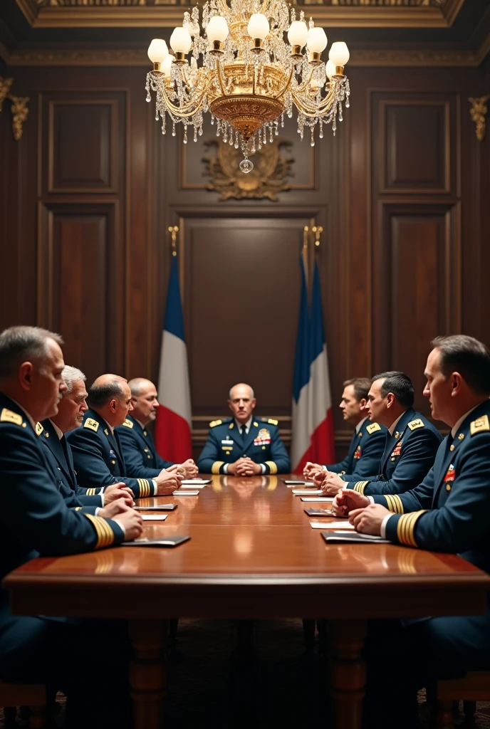 a highly detailed photo of French generals and commanders in a meeting room, realistic, photorealistic, 8k, ultra-detailed, professional, dramatic lighting, intense expressions, serious demeanor, military uniforms, oak table, chandelier, French flags
