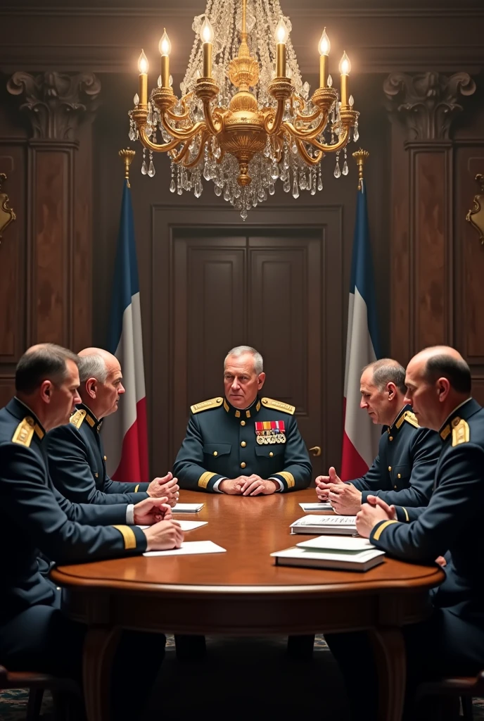 a highly detailed photo of French generals and commanders in a meeting room, realistic, photorealistic, 8k, ultra-detailed, professional, dramatic lighting, intense expressions, serious demeanor, military uniforms, oak table, chandelier, French flags