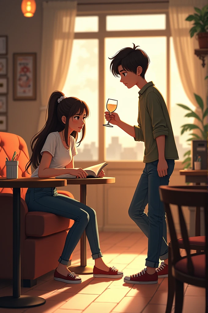 supper: A charming cafe. Ana is sitting, reading a book. Lucas walks in and accidentally knocks over a glass.
imageio: Ana looks at Lucas, surprise, as he crouches down to clean up the spill.