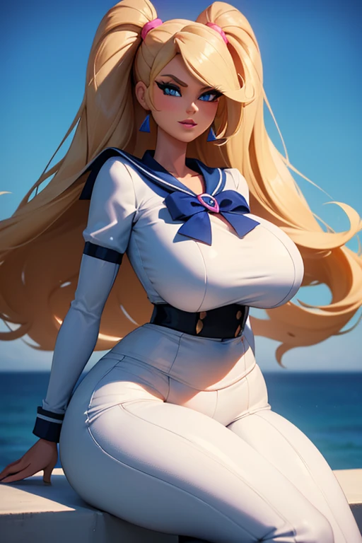 (Barbie), (Pokemon: Jesse), (Female Personification: Whip Cream), beautiful face, structured jawline, 3D, rambunctious, busty blonde, giant breasts, age: 30's, American, white, blue eyes, copious mammary size, enormous inflated breasts, massive knockers, business formal apparel, boss lady, pants, full body pose, tight clothing, BIG BIGONZOS, slim waist line, waist, white collar blouse, rich, sailor outfit, wide hips, voluptuous thighs, adorable hips, straddling male viewer, excessive straddling position, pumped up, inflated super-sized breasts,
