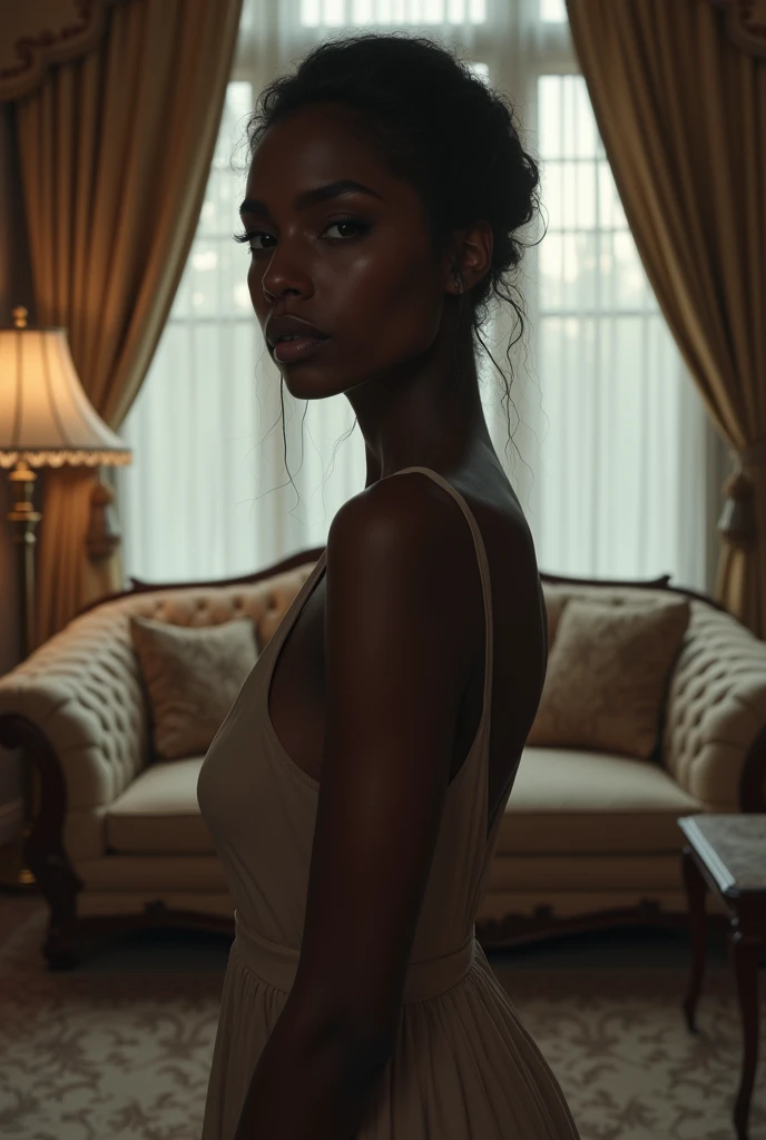 With an uncomfortable and sad face Generate an image of a dark black beautiful woman in a modest dress feeling comfortable in a luxurious living room