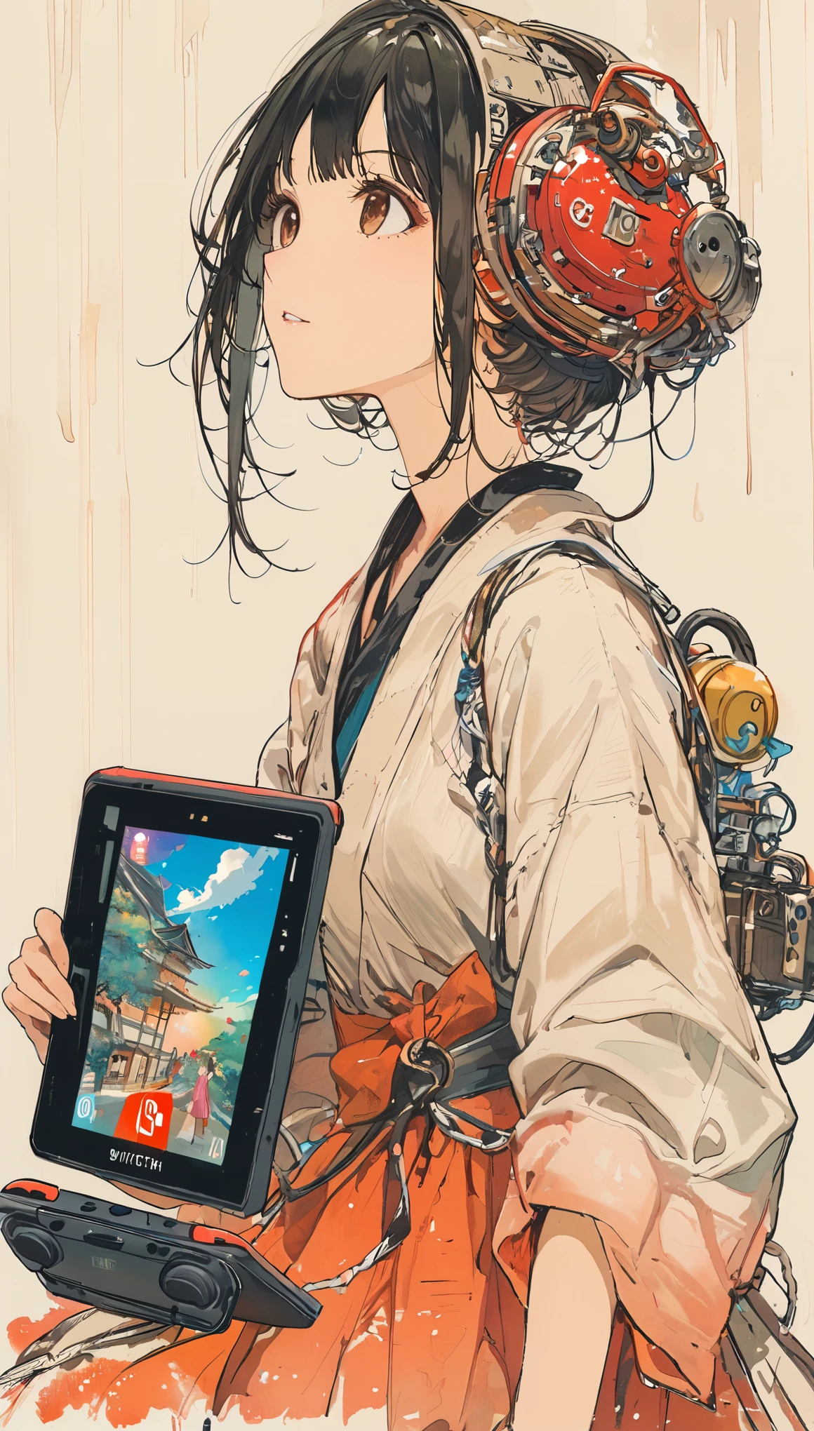 (Skinny girl) (Short bob style hair) (Black Hair) (Dark brown eyes) (parts) (Playing on Nintendo Switch)、The Style of Kawanabe Kyosai