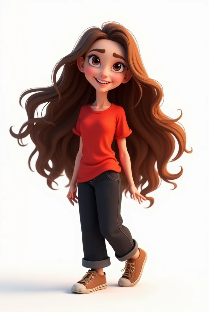 Create a Disney theme with long wavy brown hair with a red t-shirt and black pants on a white background