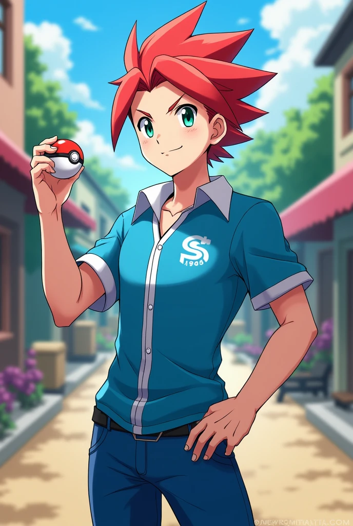 ((best quality)), ((masterpiece)), (detailed), (white skin), ((male)), ((2)), ((red spike hair)), ((blue pokemon outfit)), (short sleeve), green eyes, smile, pokeball, shaved side hair, standing in the middle of a pokemon town,
