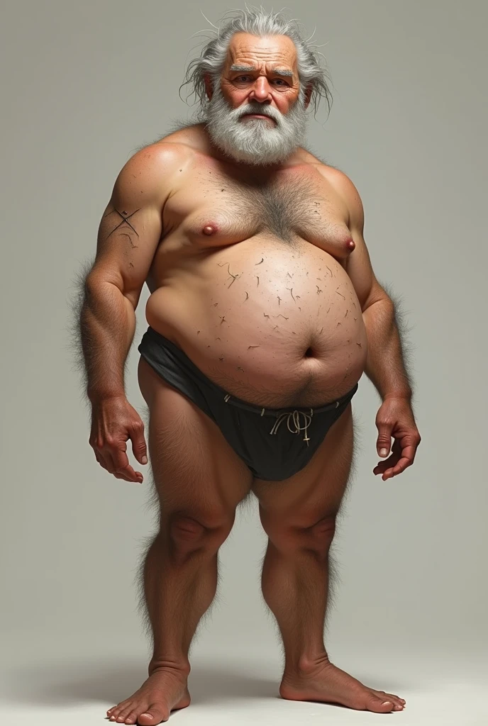 A tall, thin, middle-aged grandfather with pubic hair,armpit,가슴,arm,leg etc with gray hair strands and naked with hair