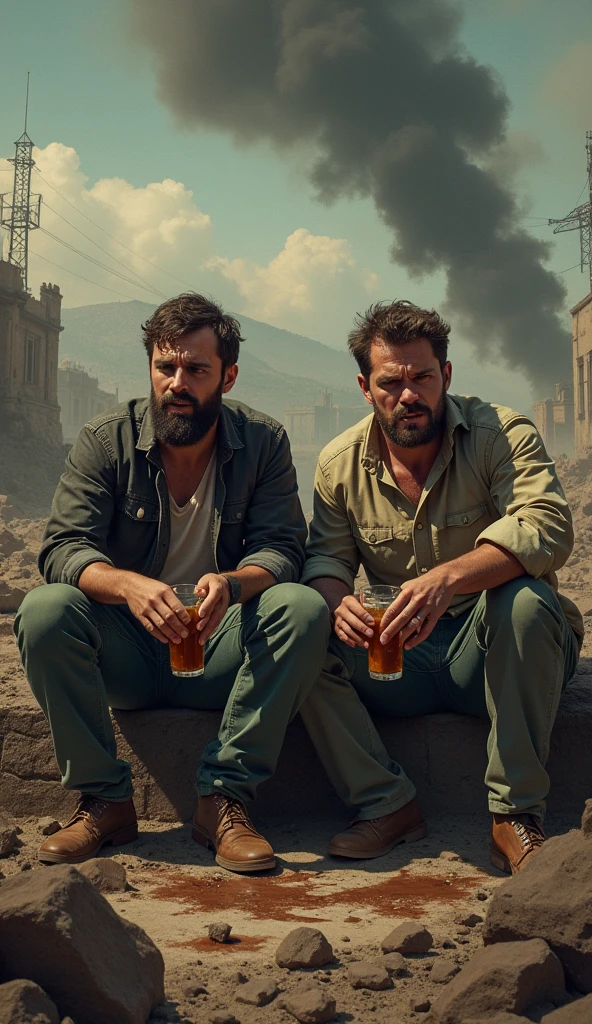 Create a futuristic picture of two men wearing white t-shirts, one is emitting brown liquid like vomit with a concerned expression and has been drinking iced tea, and the condition is very worrying and seems drastic. sitting next to another man while holding a glass filled with iced tea, the surrounding area is like a war that looks like the destruction of a village. with a background like a Zet plane above the clouds and like going to war, showing smoke rising from below, textured and very dramatic and hysterical.